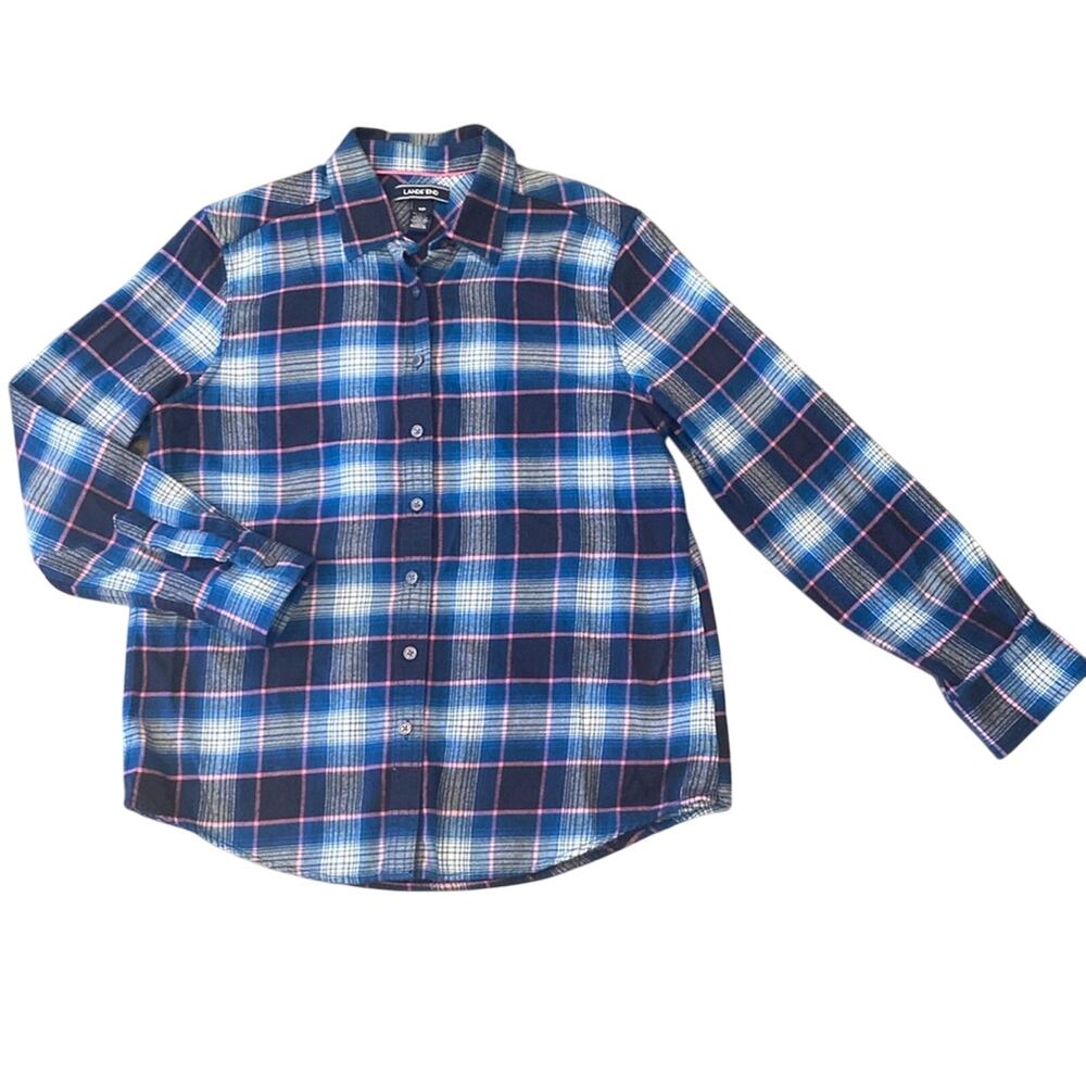 NWOT Lands' End Women's Plaid Cotton Flannel Shirt Blue White Pink 8P